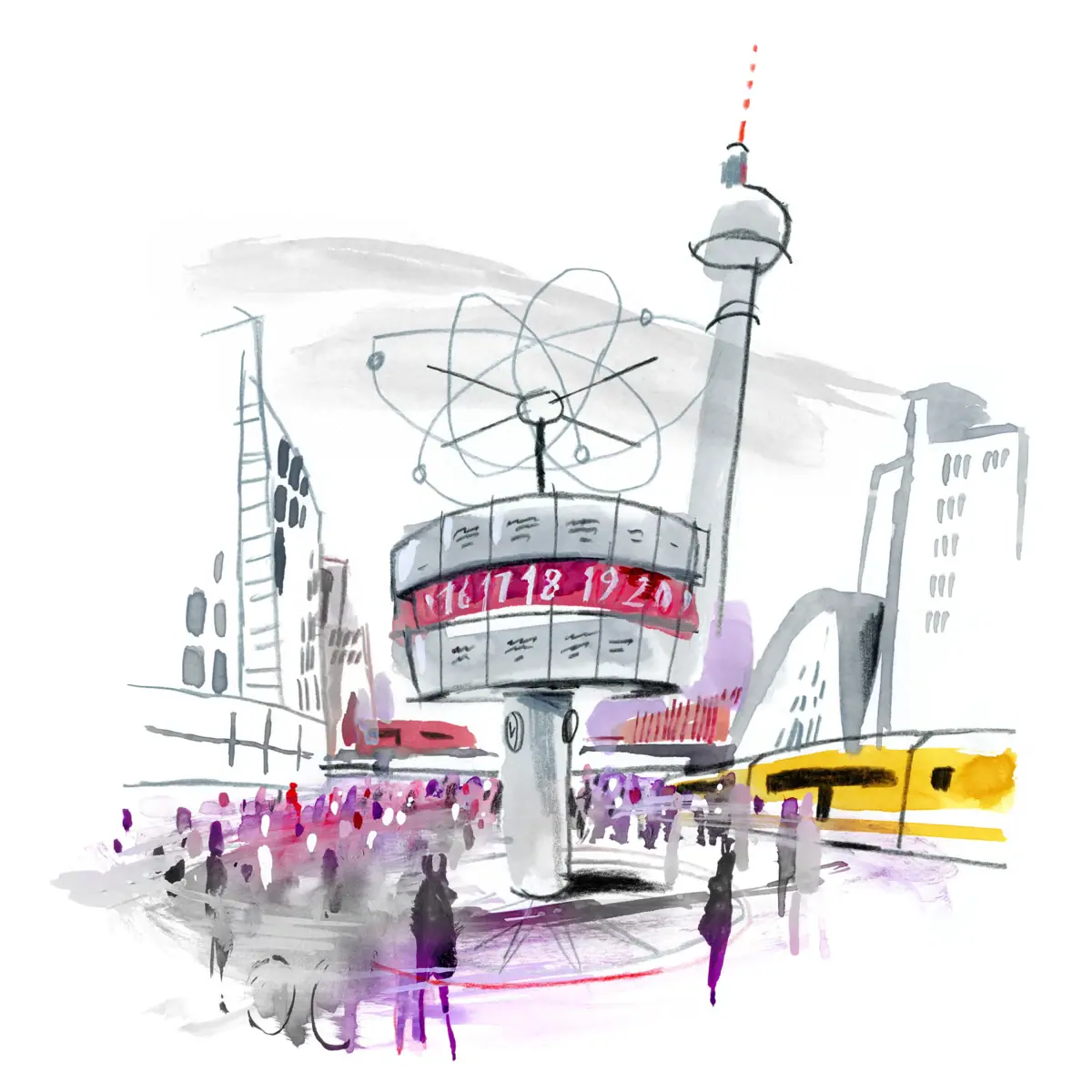 Illustration eines belebten Platzes in Berlin