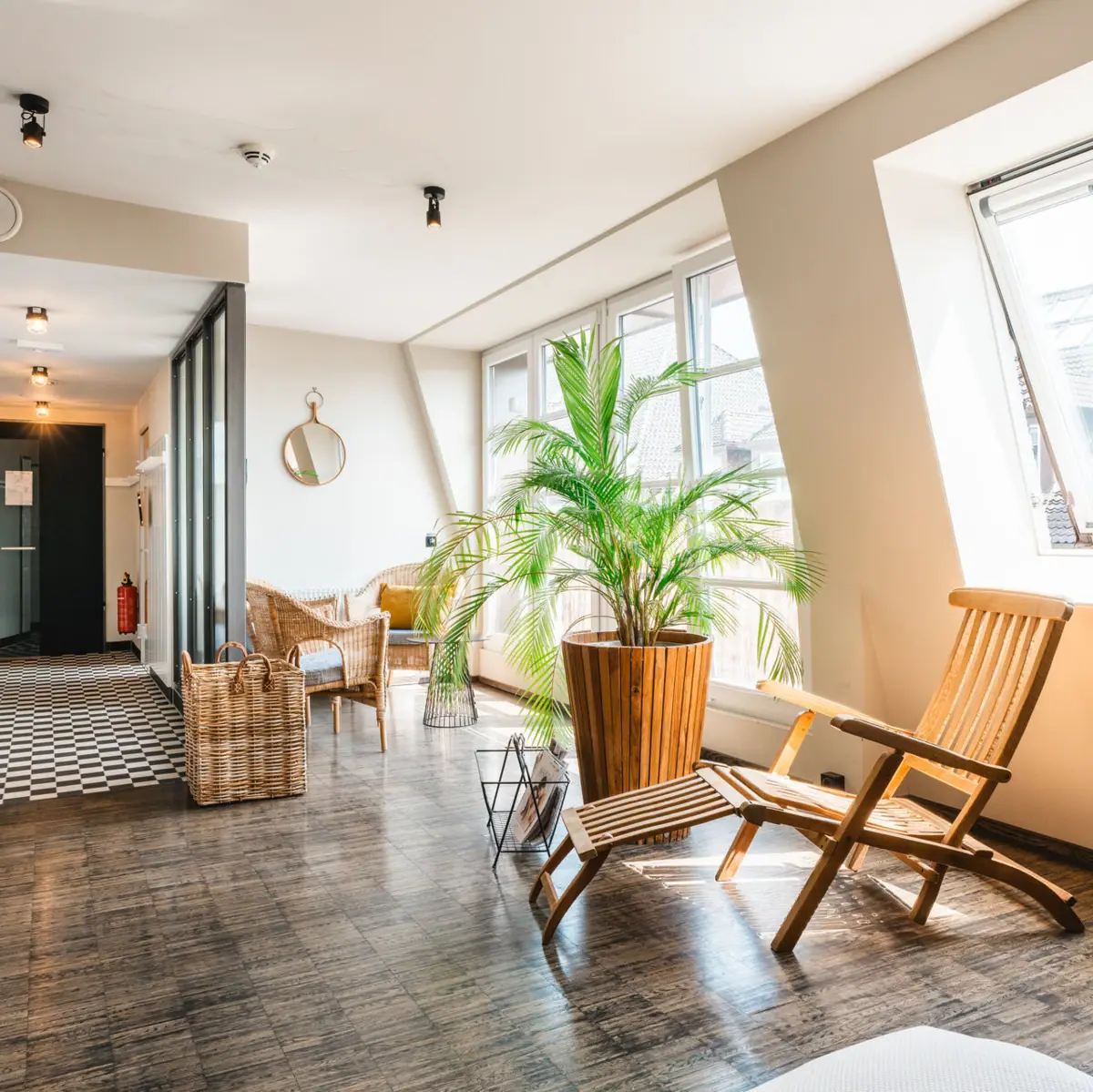 Ein Raum mit Liegestuhl und einer Pflanze.