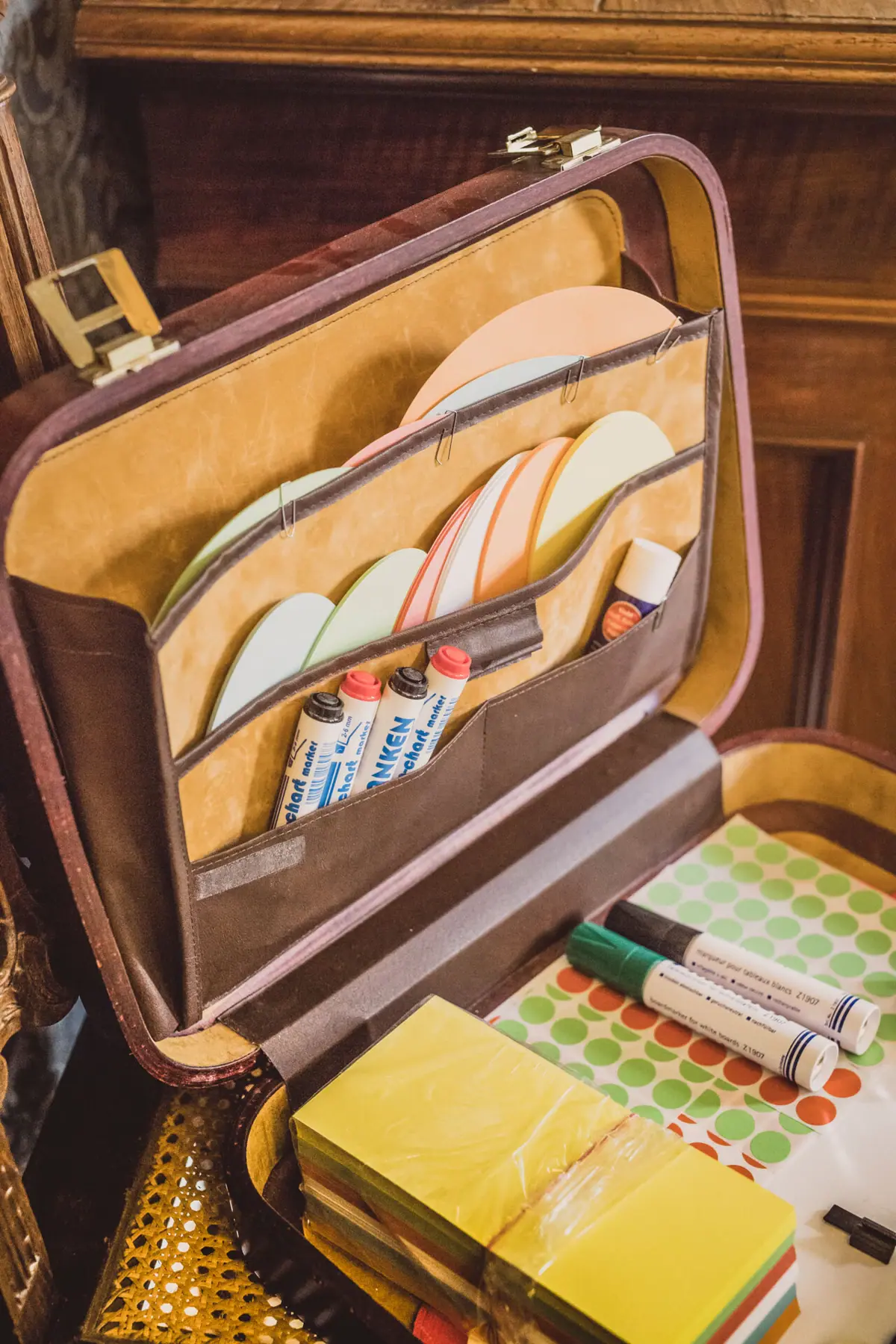 Aktentasche mit einer Gruppe von Markern und Papier