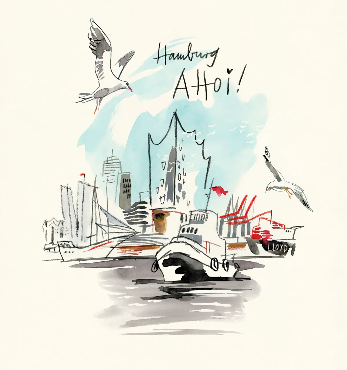 Aquarellgemälde einer Stadt mit Booten